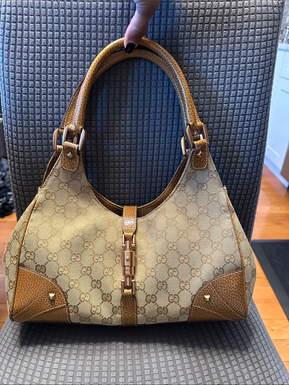 Gucci Beige GG Canvas Hobo with Brown Leather Trim